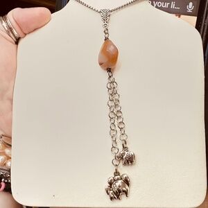 Stainless Steel Chain w/Orange Crystal Banded Agate & Elephant Charms
